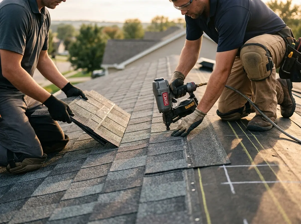 Professional roofer working on a residential roof in Timnath